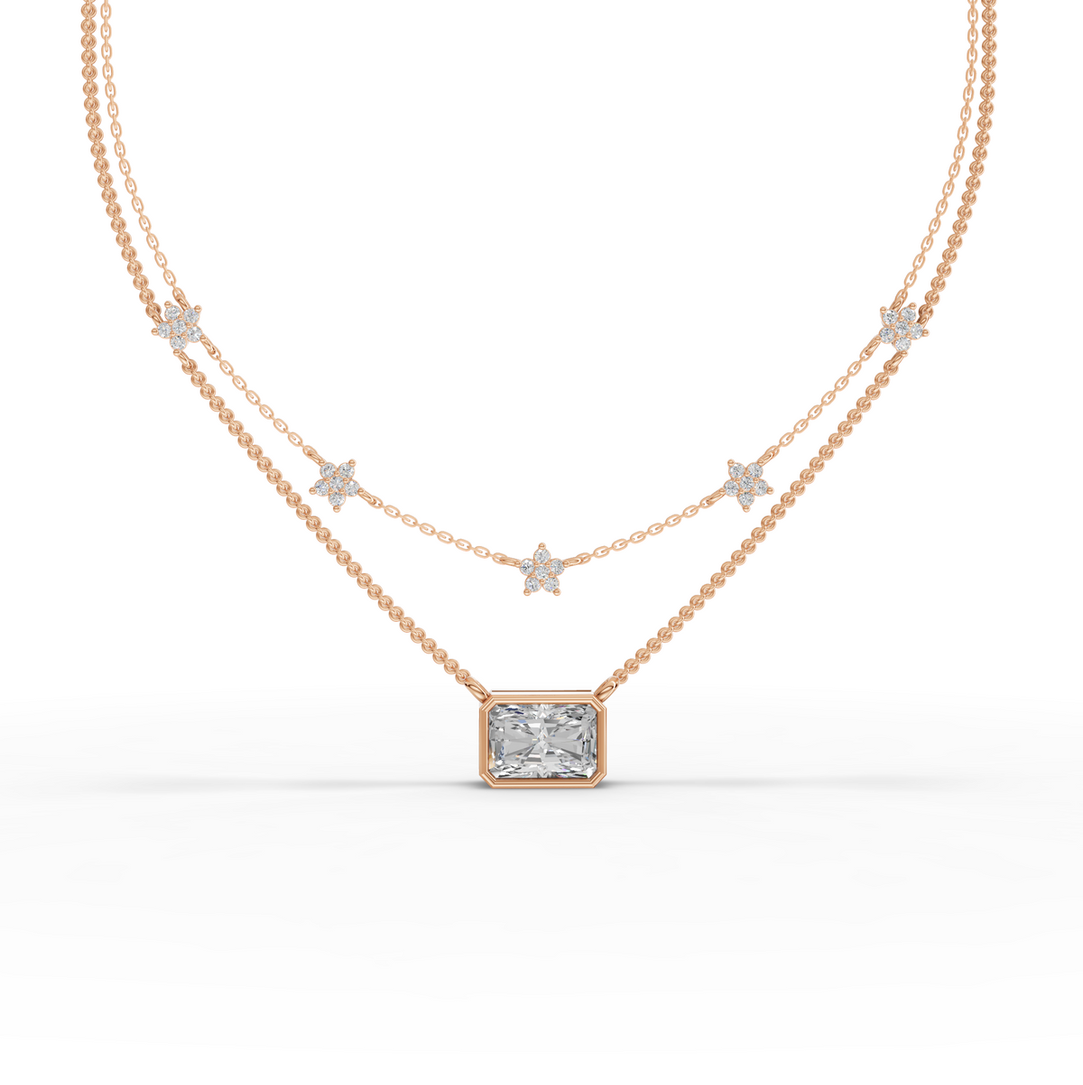 2.25 CT Radiant Layered Star Lab Grown Diamond Necklace 2.00 CT Center in rose gold