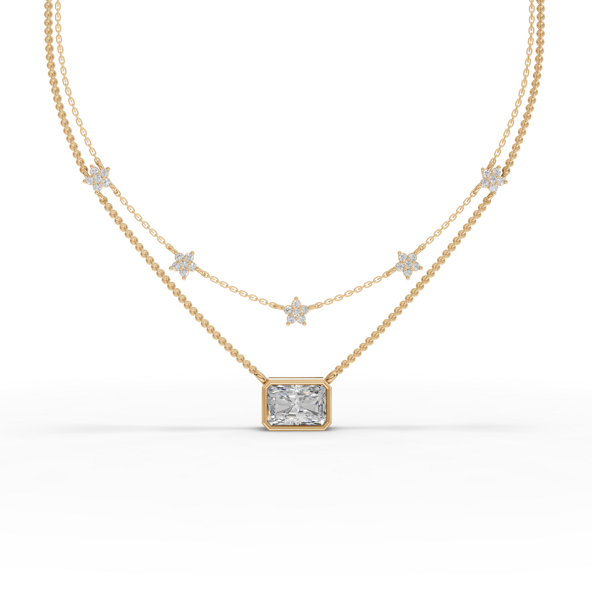 2.25 CT Radiant Layered Star Lab Grown Diamond Necklace 2.00 CT Center in yellow gold