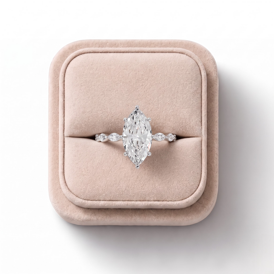 2.31 CT Marquise Lab Grown Diamond Ring with Marquise Side Stones in white gold, on a white background