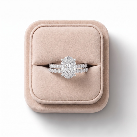 2.38 CT Oval Solitaire with Matching Pavé Lab Grown Diamond Band Set, on a white background