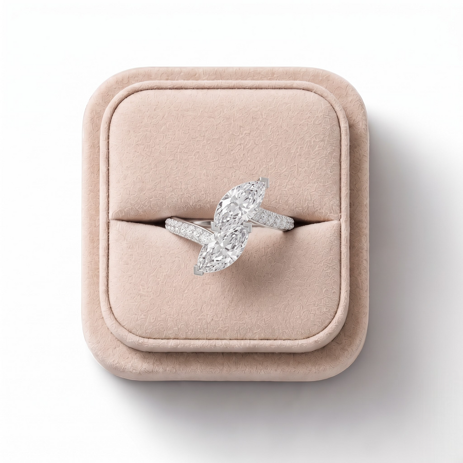 2.43 CT Marquise Toi et Moi Bypass Ring with Pavé Lab Grown Diamond Band, on a white background