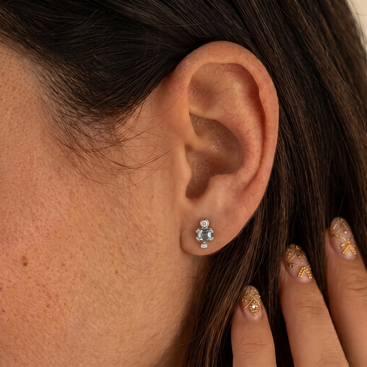 2.48 CT March Birthstone Aquamarine Lab Grown Diamond Drop Earrings, worn on the ear 2