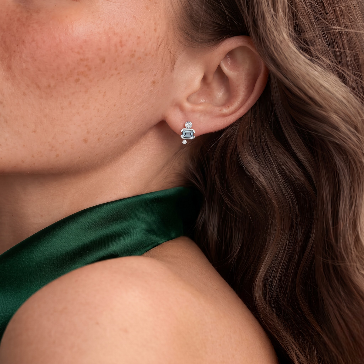 2.48 CT March Birthstone Aquamarine Lab Grown Diamond Drop Earrings, worn on the ear