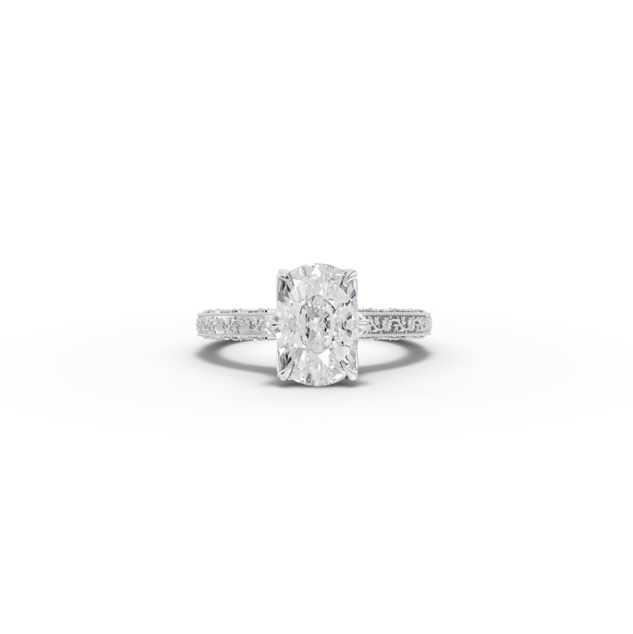 2.50 CT Cushion Lab Grown Diamond Solitaire Ring with Filigree and Milgrain Edges in white gold