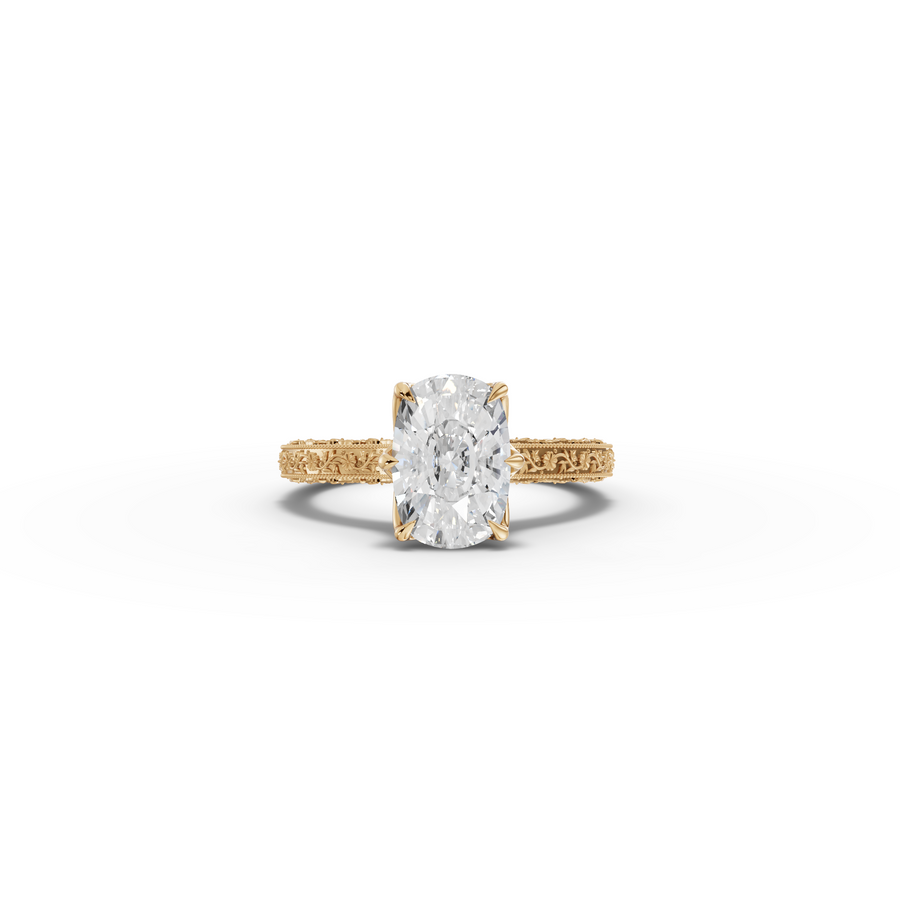 2.50 CT Cushion Lab Grown Diamond Solitaire Ring with Filigree and Milgrain Edges in yellow gold