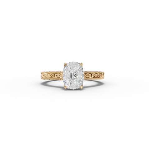 2.50 CT Cushion Solitaire Lab Grown Diamond Ring with Filigree Band in yellow gold