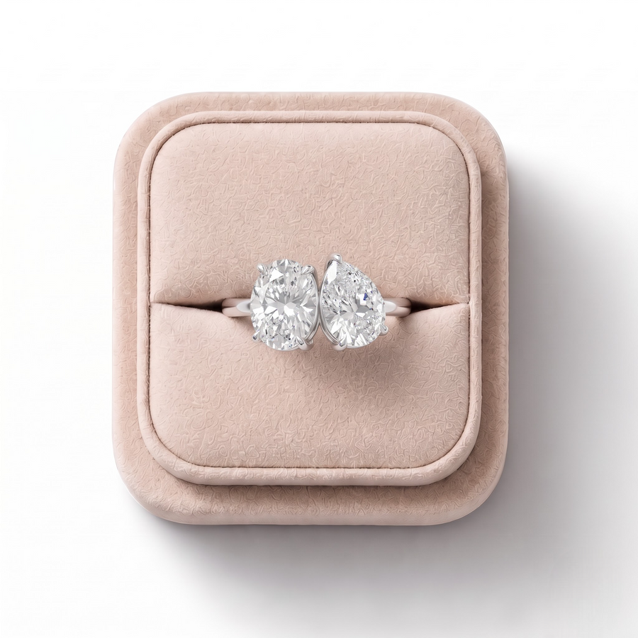 2.50 Ct Oval Pear Toi et Moi Lab Diamond Ring, on a white background