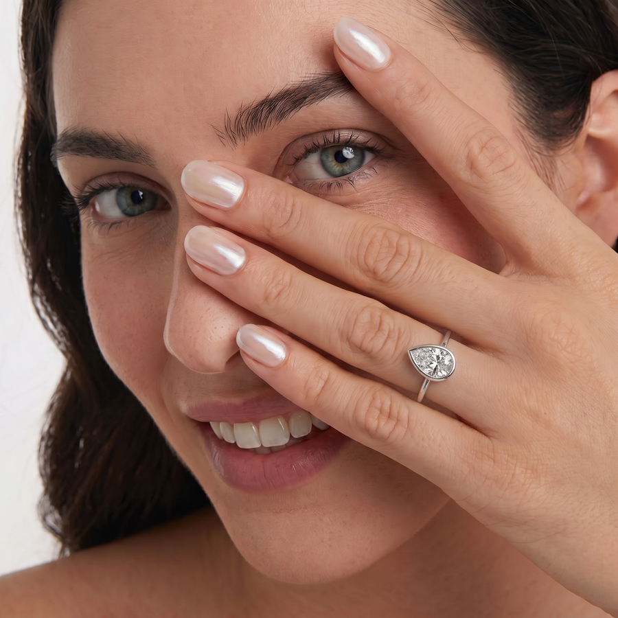 2.50 CT Pear Solitaire Bezel Lab Grown Diamond Ring, worn on the hand