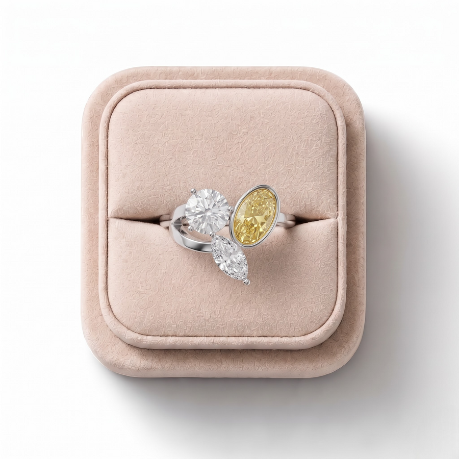 2.50 CT Three Stone Oval Citrine Lab Grown Diamond Trio Statement Ring in white gold, view 2
