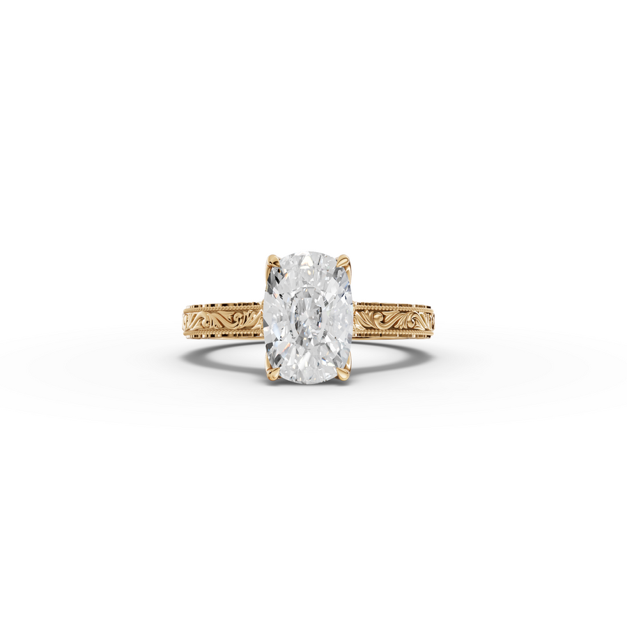 2.505 CT Cushion Lab Grown Diamond Cathedral Engagement Ring in yellow gold
