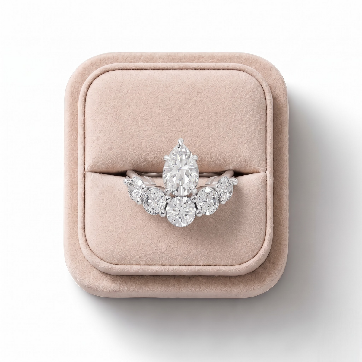2.53 CT Pear Lab Grown Diamond Five Stone Statement Ring 1.00 CT Center, on a white background