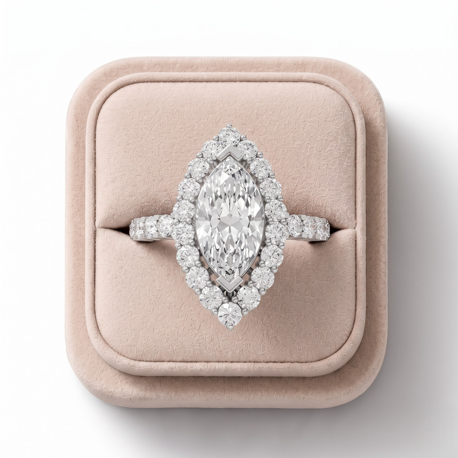 2.54 CT Marquise Solitaire Halo Pavé Lab Grown Diamond Ring, on a white background