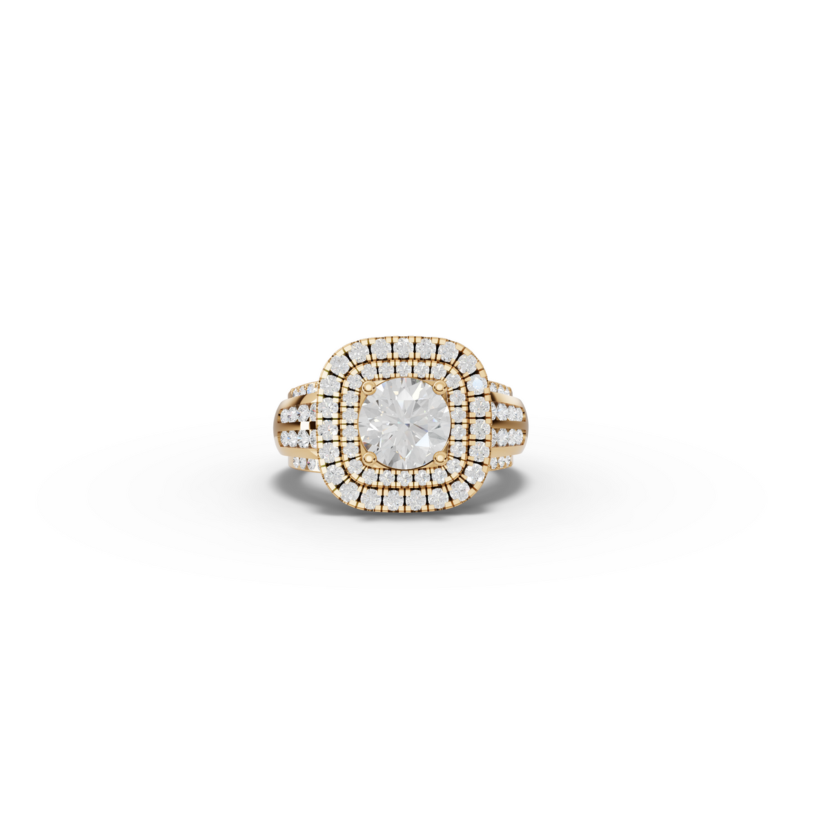 2.54 CT Round Lab Diamond Double Halo Pavé Wide Band Ring in yellow gold