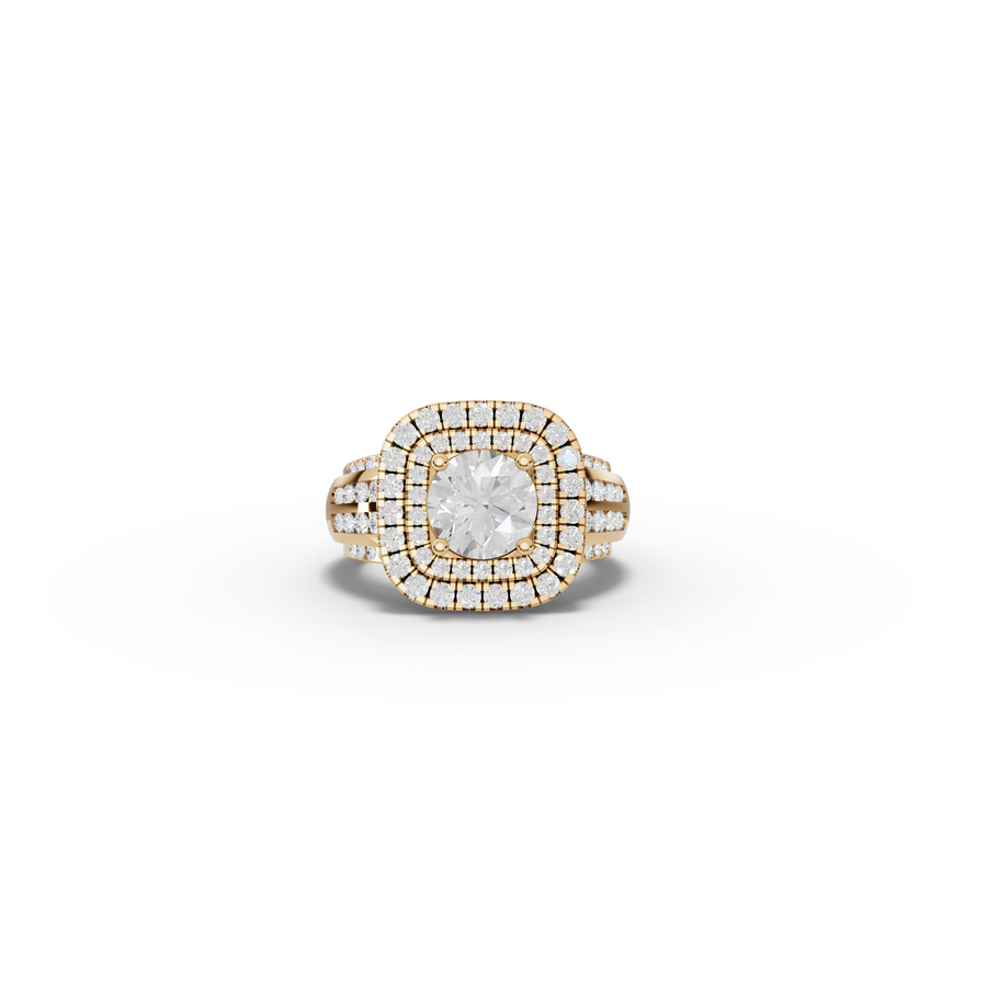 2.54 CT Round Lab Diamond Double Halo Pavé Wide Band Ring in yellow gold