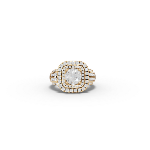 2.54 CT Round Lab Diamond Double Halo Pavé Wide Band Ring in yellow gold