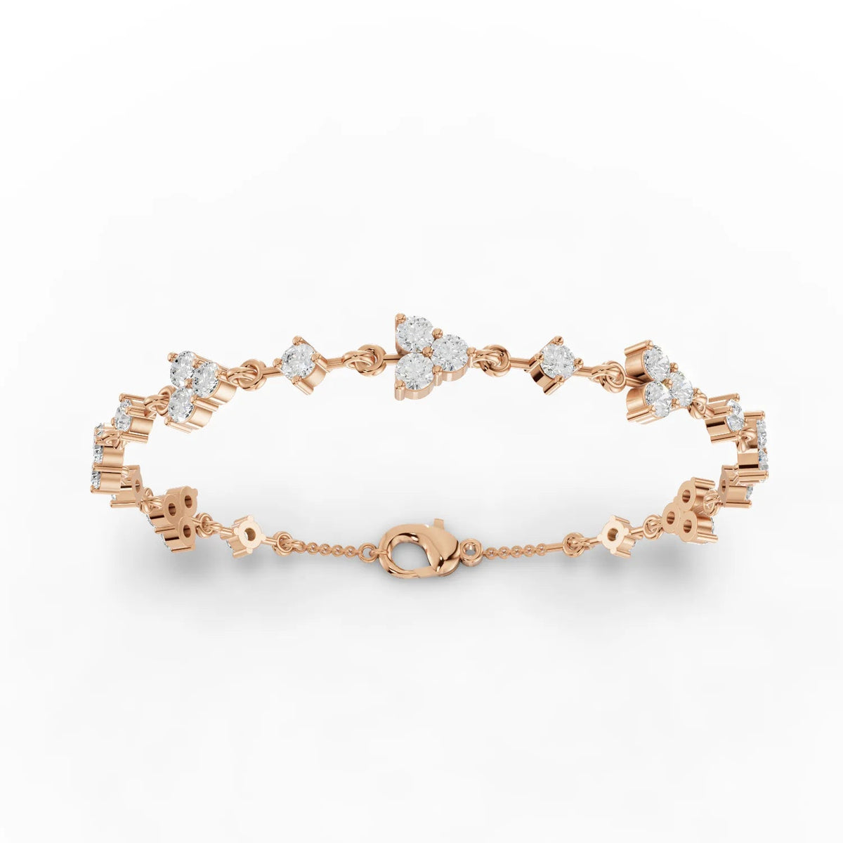 Delicate 2.64 Ct round lab diamond bracelet in rose gold, featuring floral clusters for a balanced, sparkling design.