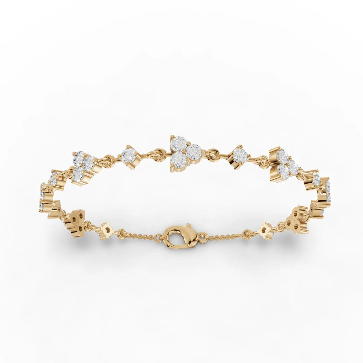 Delicate 2.64 Ct round lab diamond bracelet in 18K gold, featuring floral clusters with prong-set diamonds and lobster clasp.