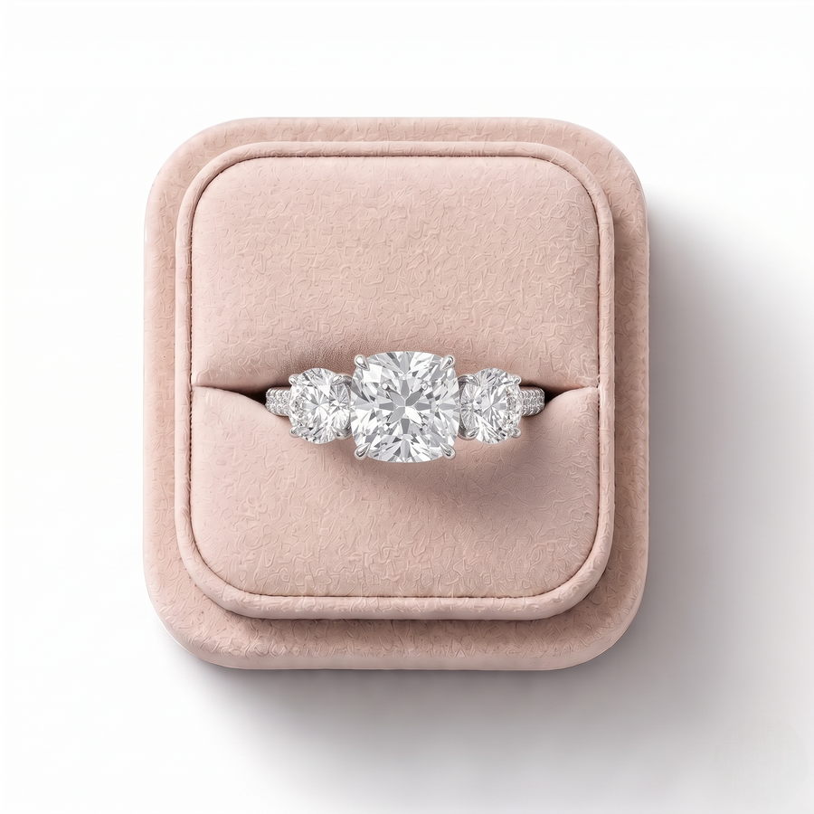 2.68 CT Cushion Three-Stone Pavé Lab Grown Diamond Band Ring, on a white background