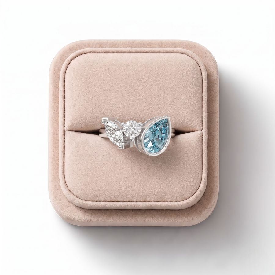 2.82 CT Aquamarine Three Stone Lab Grown Diamond Ring 2.00 CT Center in white gold, on a white background