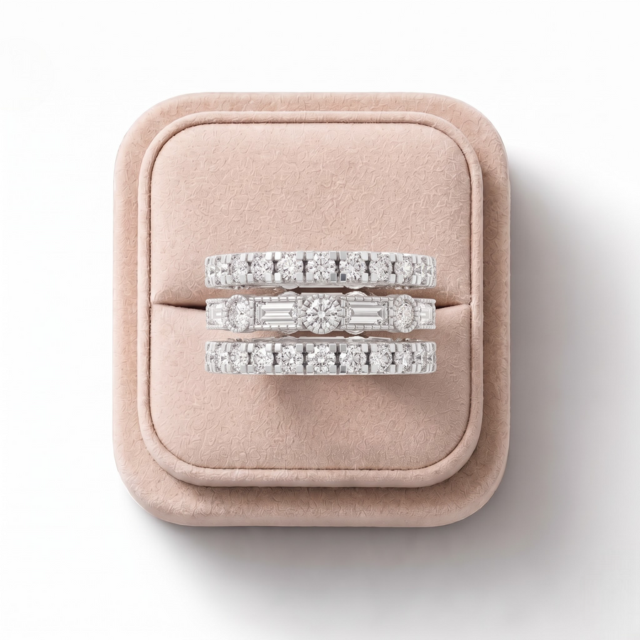 2.95 CT Round & Baguette Full Eternity Lab Grown Diamond Ring, on a white background