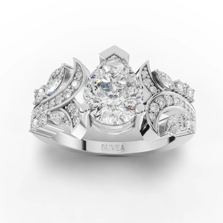2.03 CT pear lab grown diamond bypass ring with 1.50 CT center, marquise and round accents in 18K gold