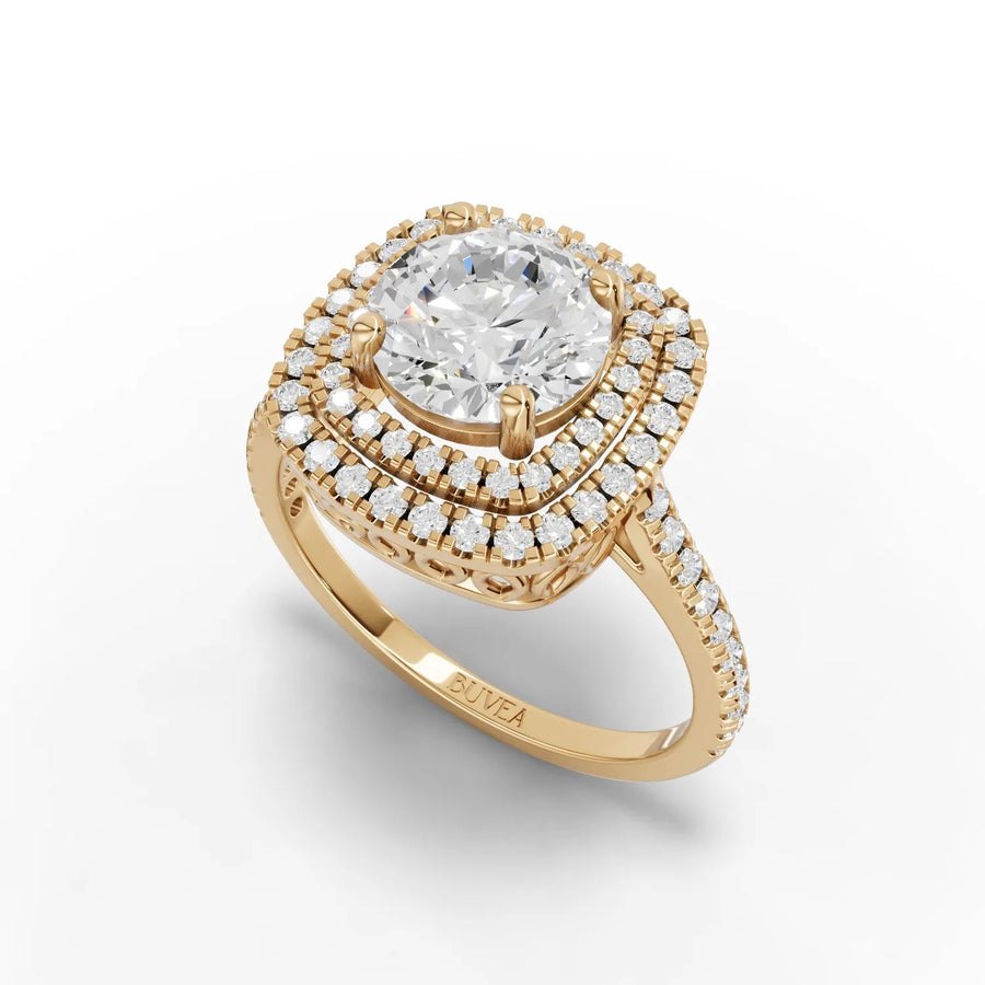 2.04 CT double halo ring yellow gold angle view