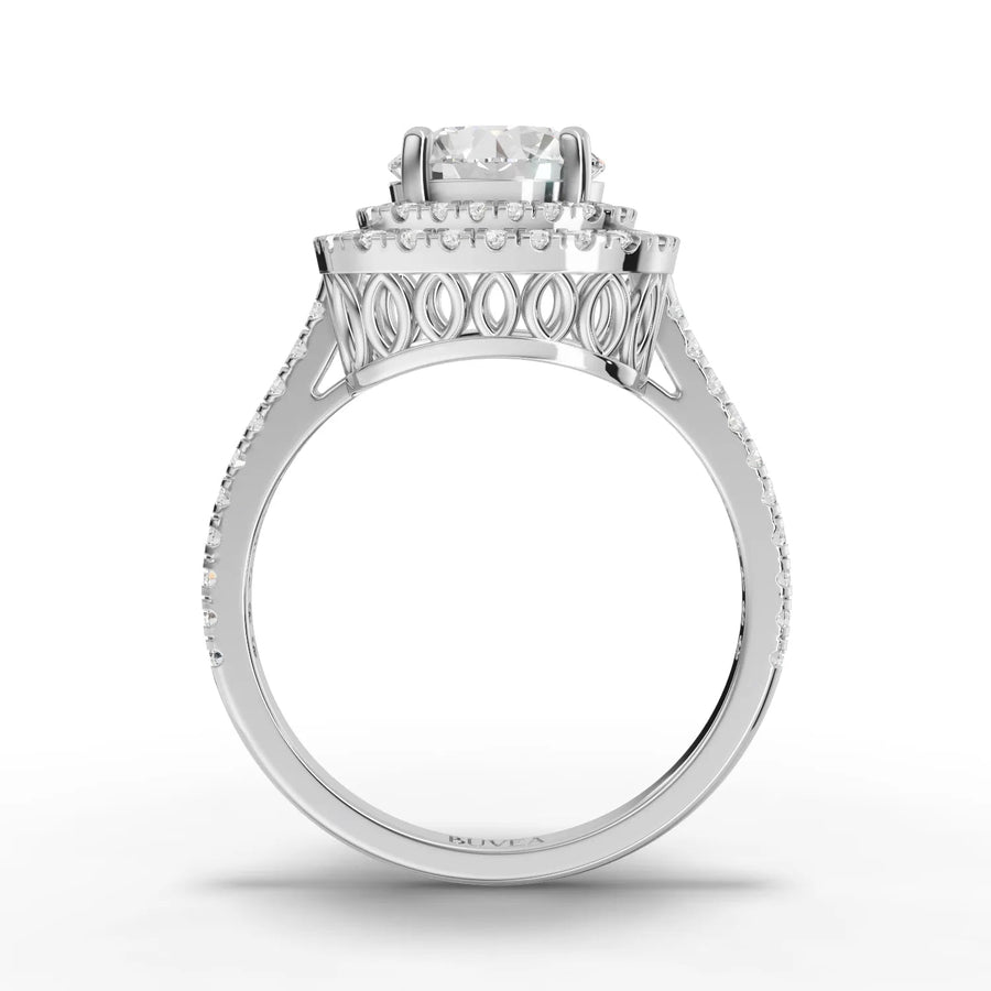 Dual halo diamond ring white gold close-up view