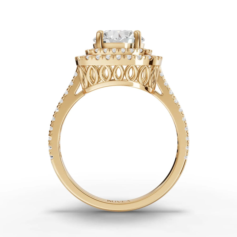 Dual halo diamond ring yellow gold close-up view