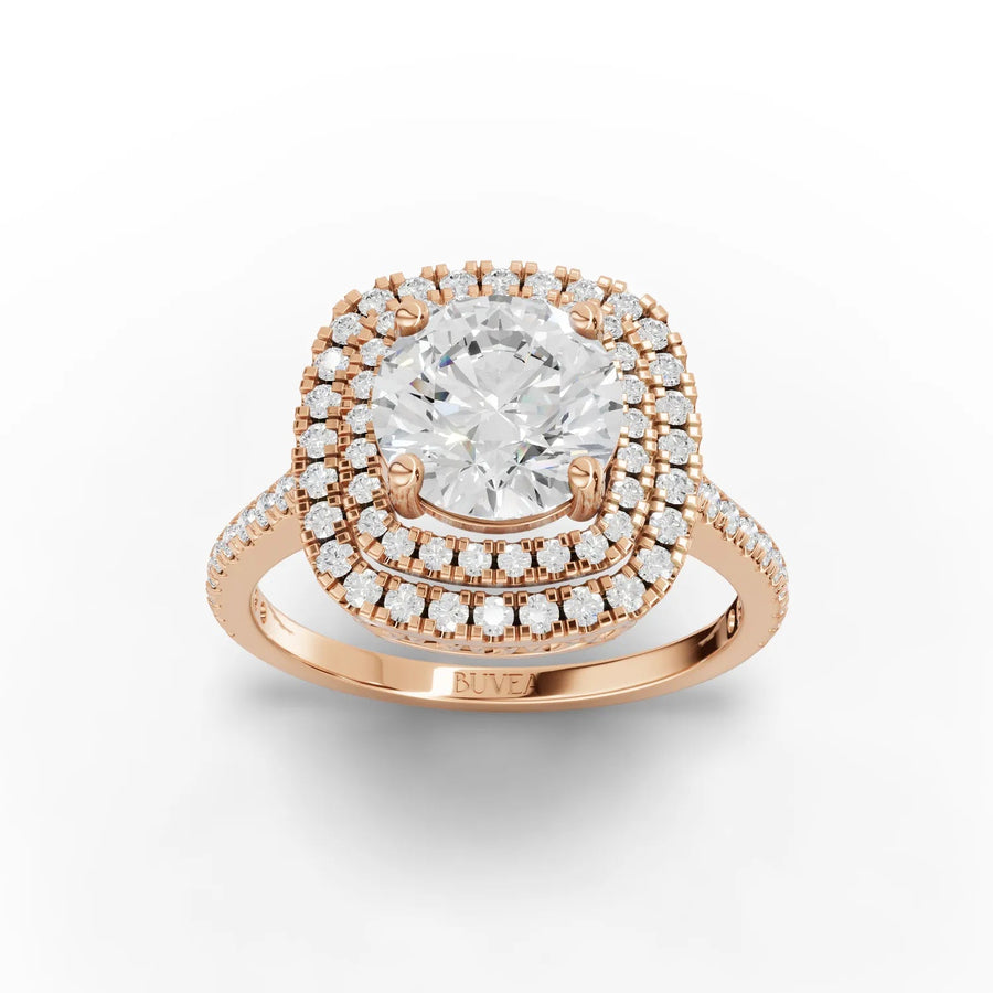 Double halo lab-grown diamond engagement ring rose gold top view
