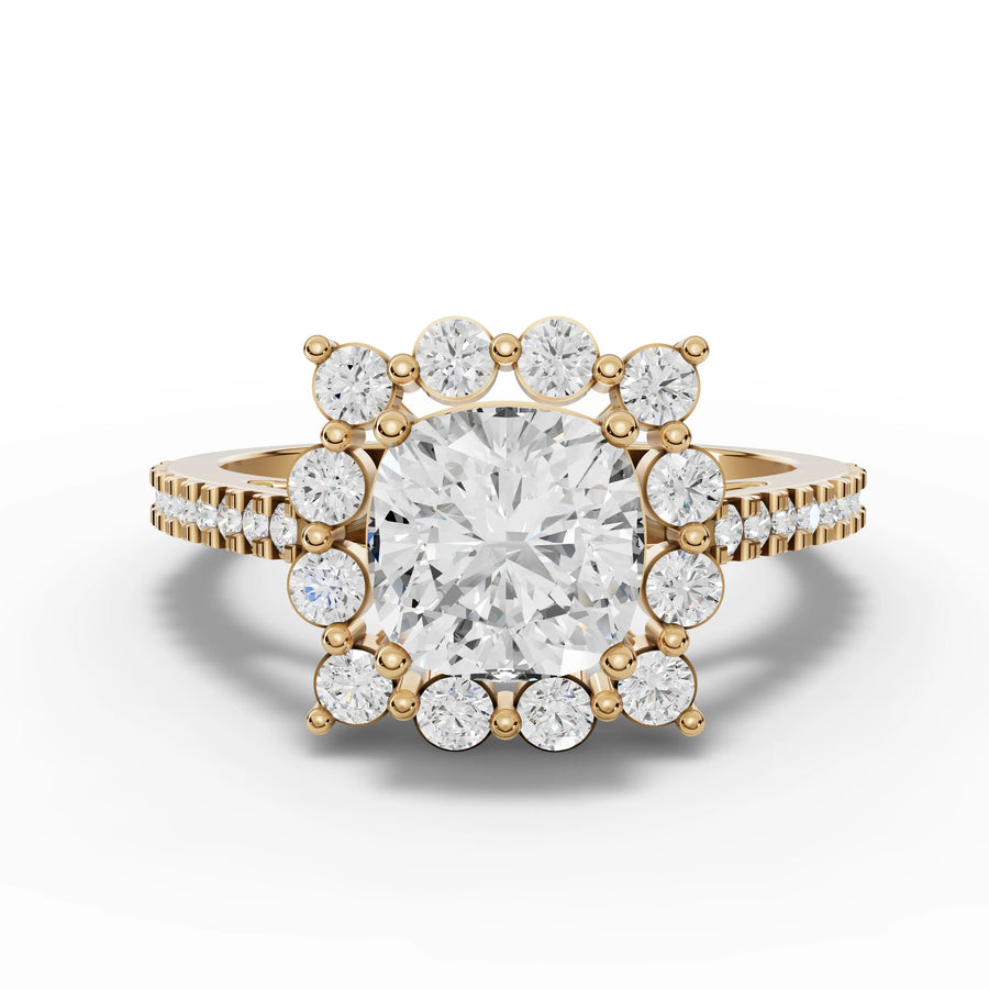 2.06 CT cushion lab-grown halo ring yellow gold top