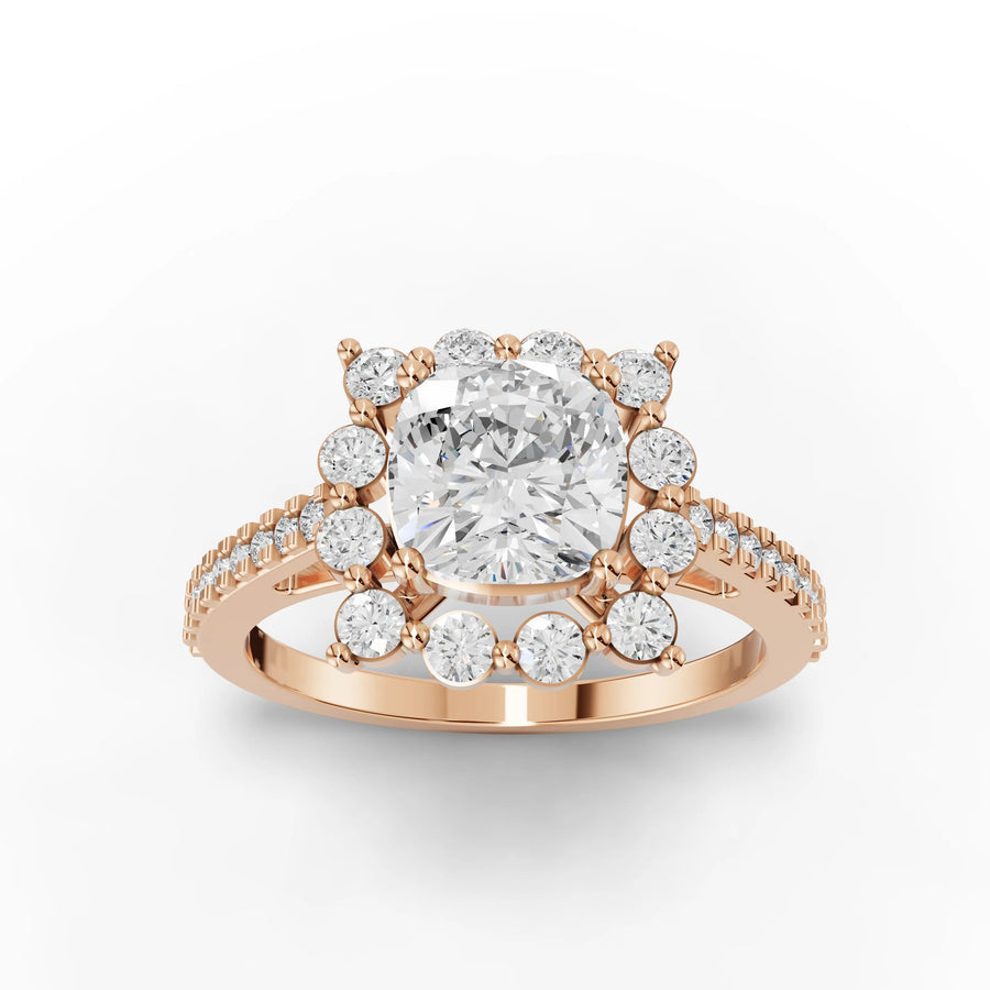 Lab-grown cushion ring rose gold close-up