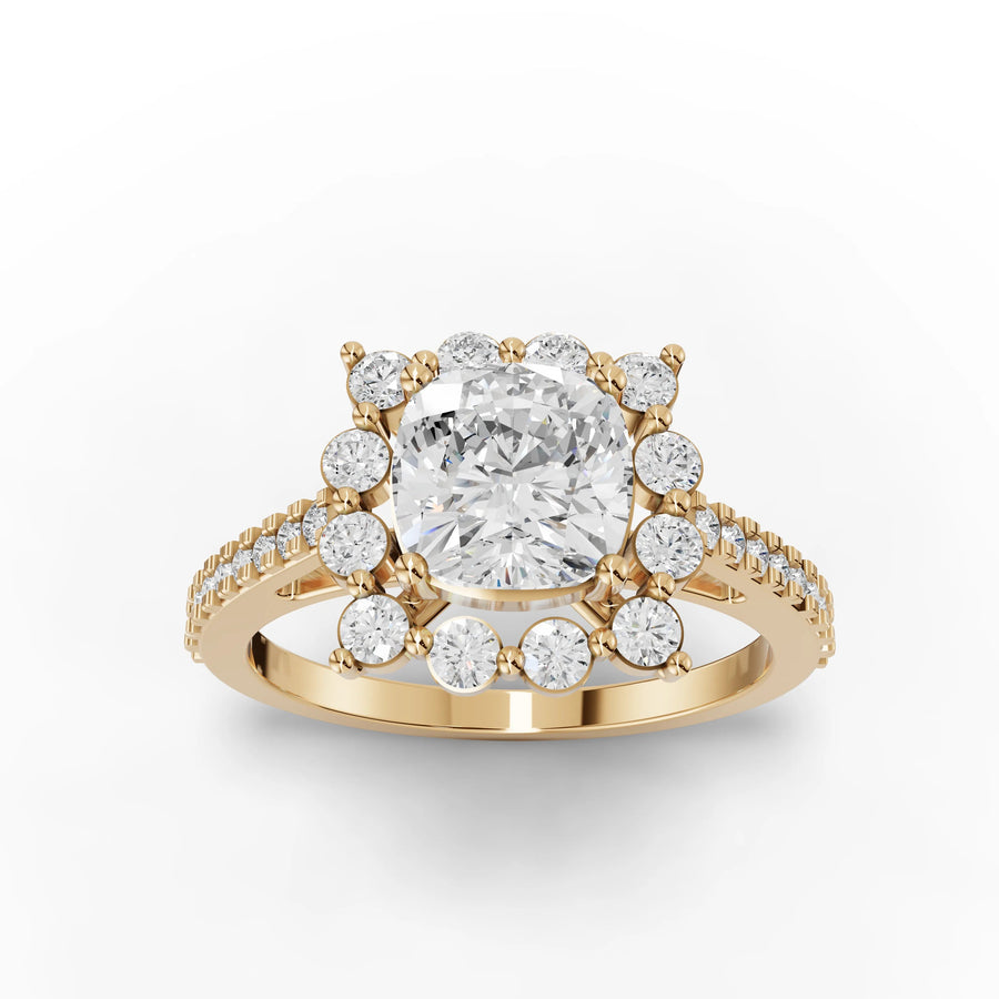 Lab-grown cushion ring yellow gold close-up