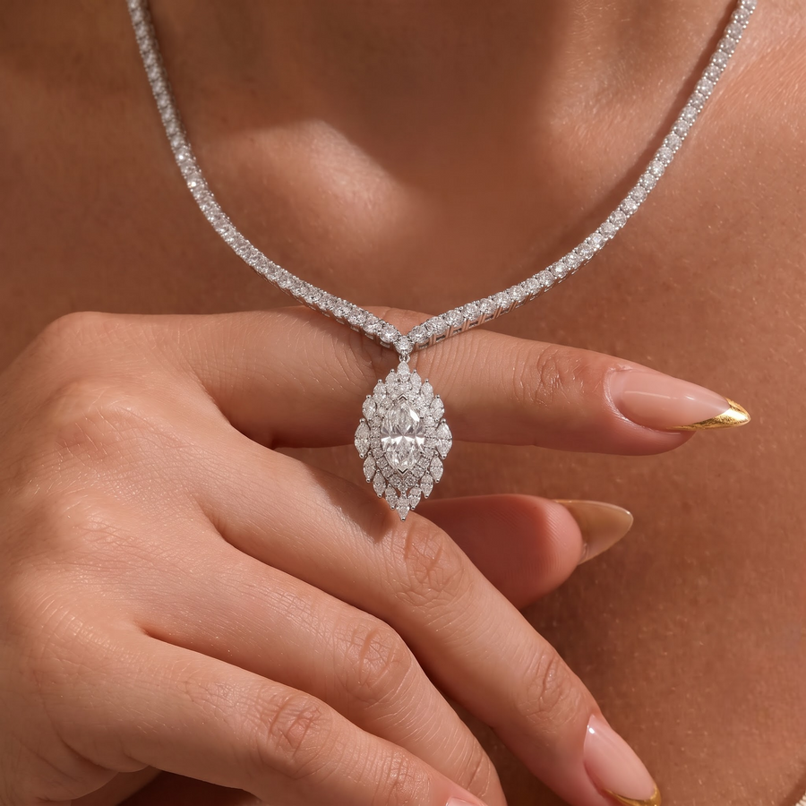 21.03 CT Marquise Tennis Halo Lab Grown Diamond Necklace, worn on the neck 2