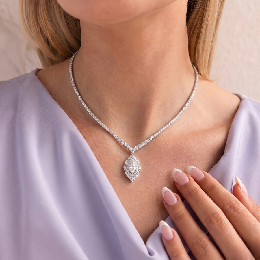 21.03 CT Marquise Tennis Halo Lab Grown Diamond Necklace, worn on the neck
