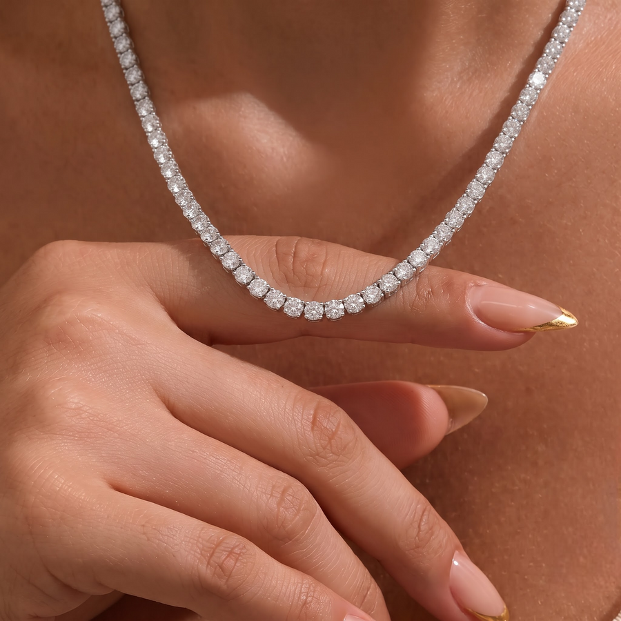 21.83 CT Classic Round Lab Grown Diamond Tennis Necklace, worn on the neck 2