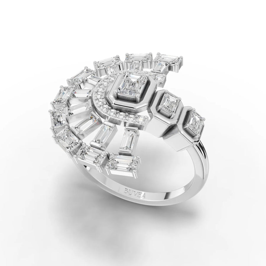 Emerald center ring white gold angled profile