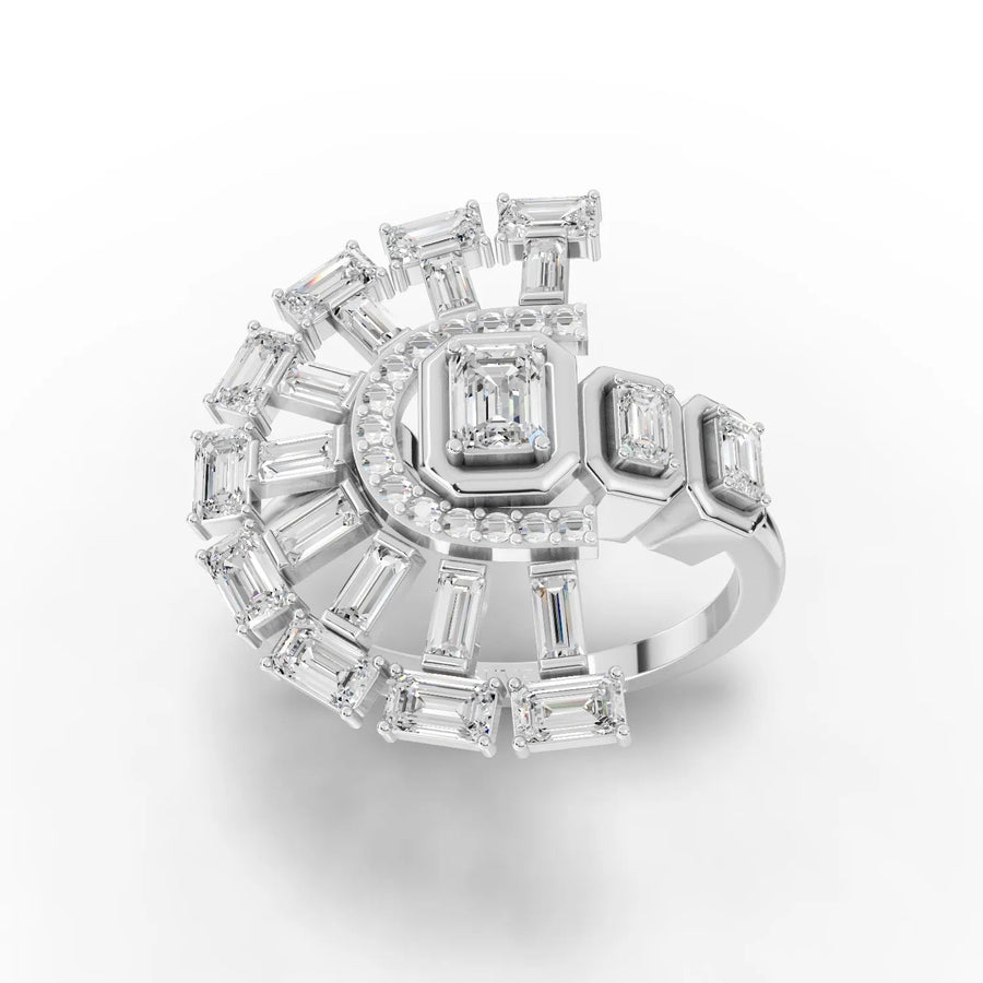 2.02 CT sunburst lab diamond ring with emerald-cut center, baguette fan layout, round halo border, and 18K gold band