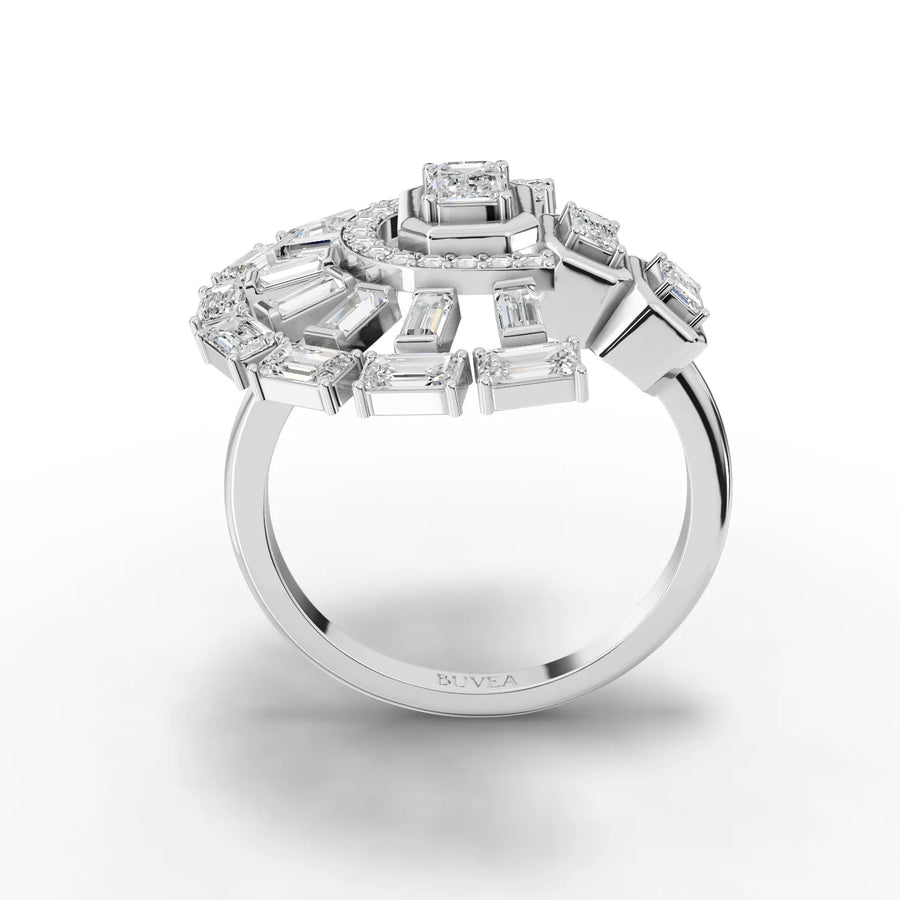 Mixed-cut fan diamond ring white gold close-up