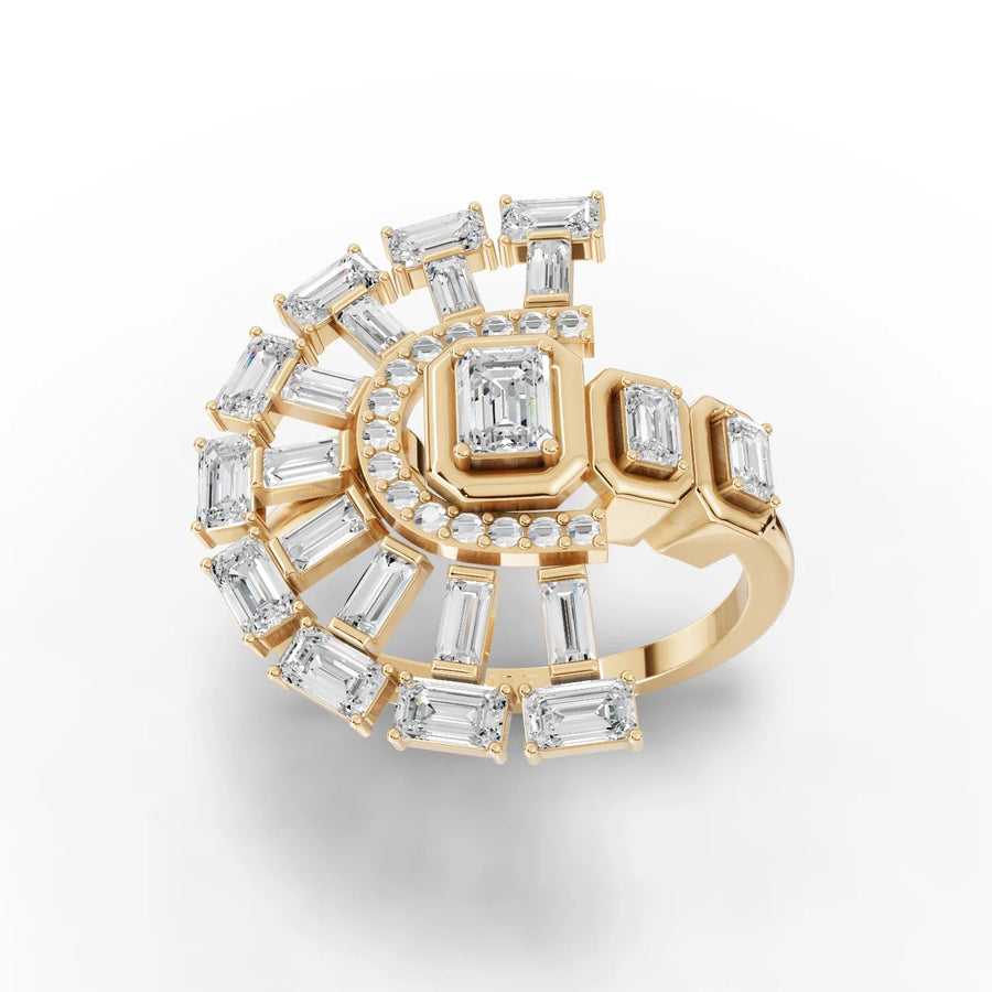 Fan-layout diamond ring yellow gold top view
