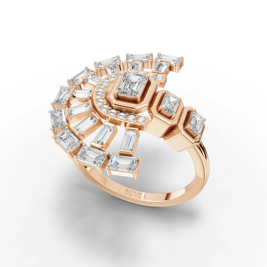 Emerald center ring rose gold angled profile