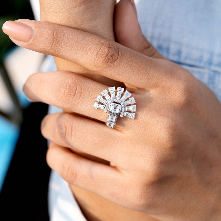 model0.57 CT fan-layout diamond ring worn on hand