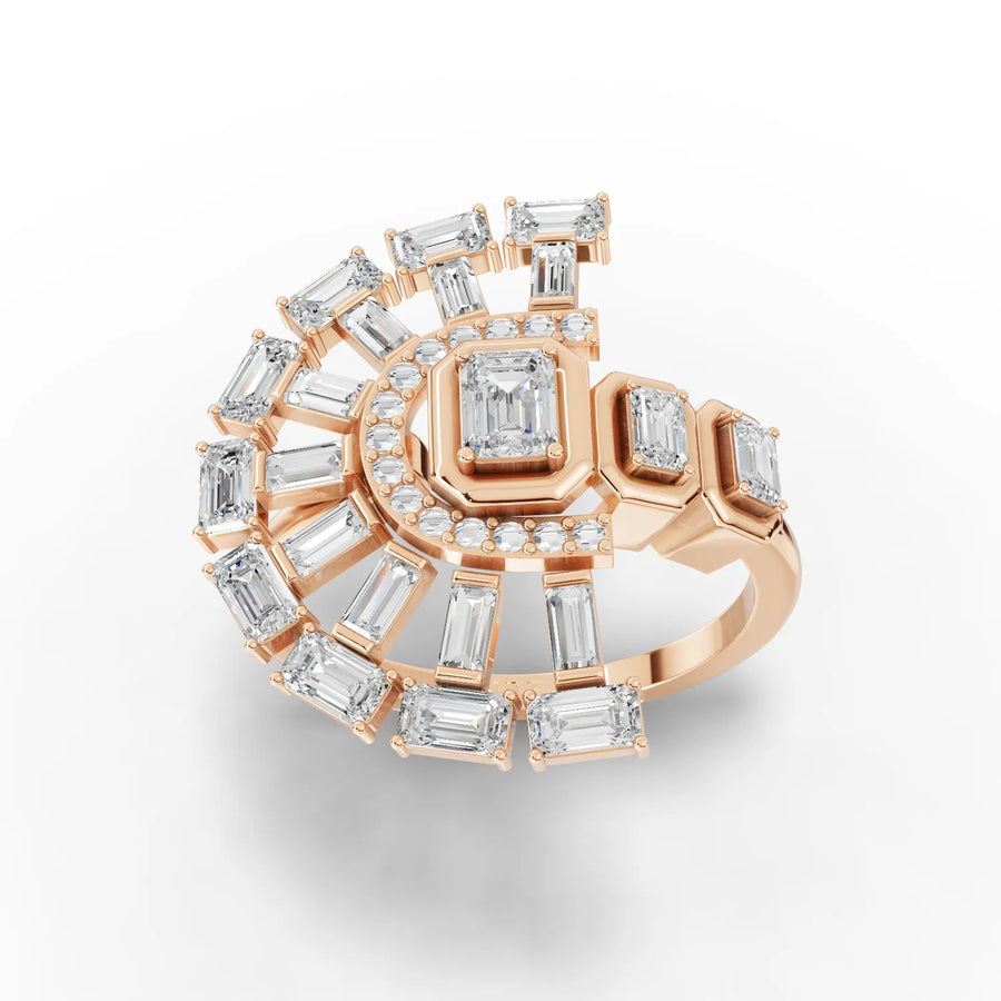 Fan-layout diamond ring rose gold top view