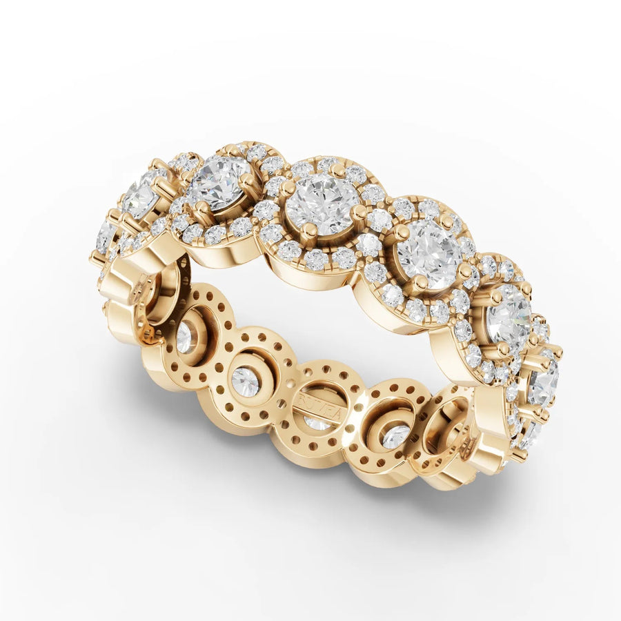 Round halo band lab diamond ring featuring a split 18K gold band, set with multiple round lab-grown diamonds.