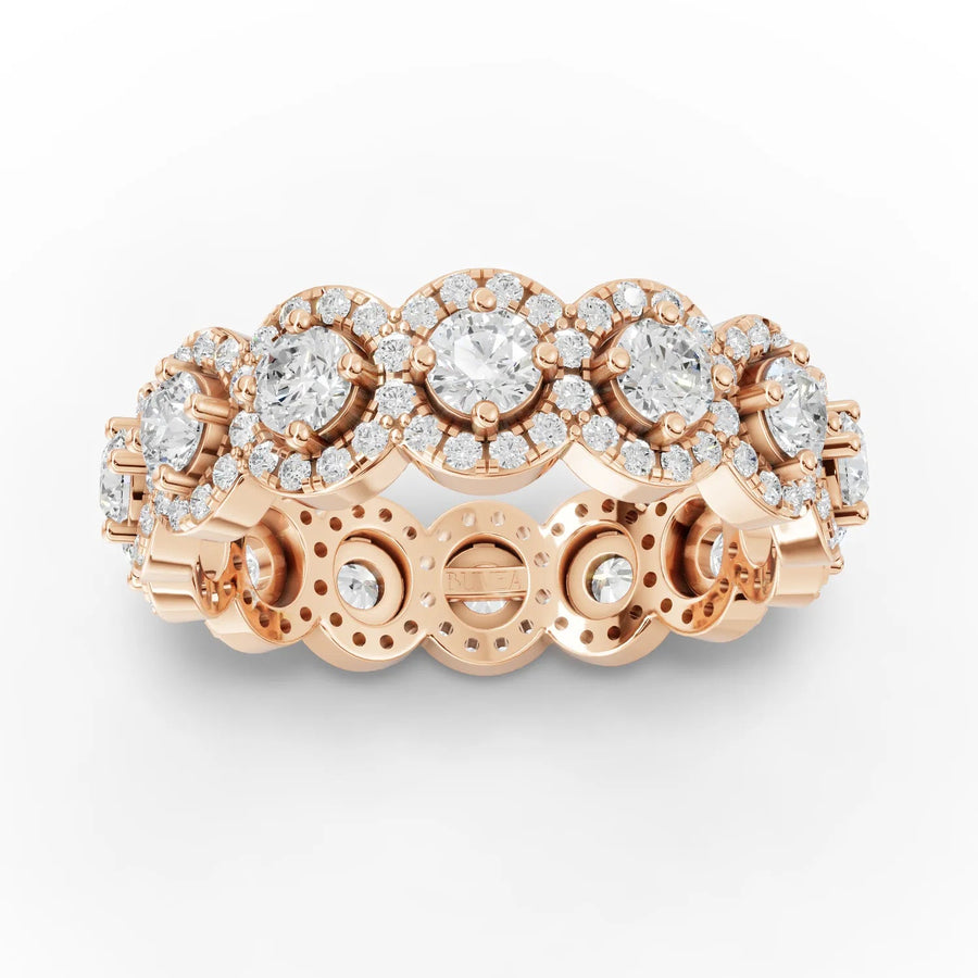 1.98 CT round halo band lab diamond ring in rose gold featuring a square halo of round diamonds and pavé accents.