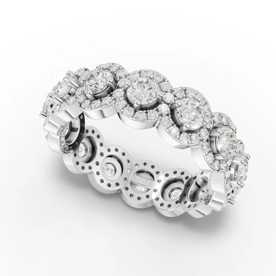 Elegant 1.98 CT round halo band lab diamond ring in 18K white gold, featuring a split band, pavé diamonds, and an airy design.
