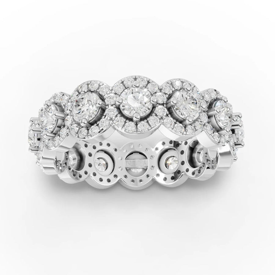 1.98 CT round halo band lab diamond ring featuring a split band, square halo, and pavé-set round diamonds in 18K gold.