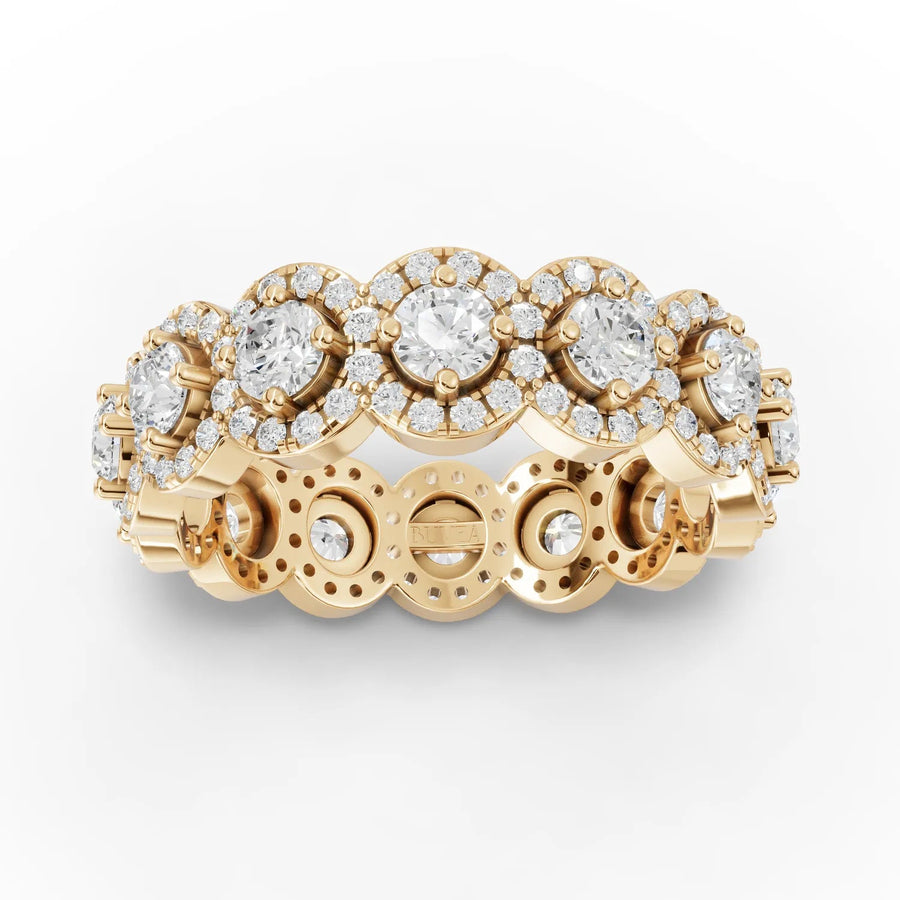 1.98 CT round halo band lab diamond ring featuring a split 18K gold band with pavé and halo settings of round diamonds.