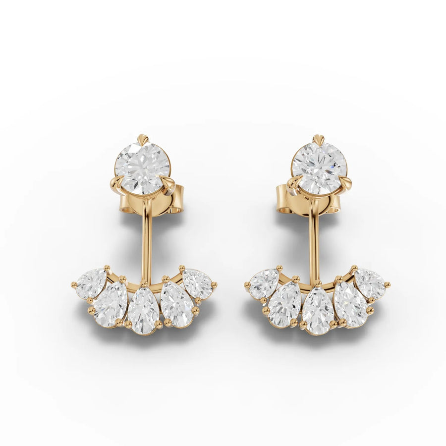 Elegant 2.18 Ct pear lab diamond studs with a round brilliant top and pear-shaped fan jackets in 18k gold setting.