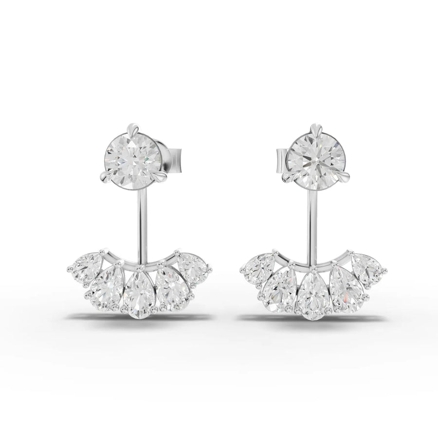 Lab grown diamond earrings featuring a round brilliant stud with a pear-shaped fan jacket, crafted in 18k gold.