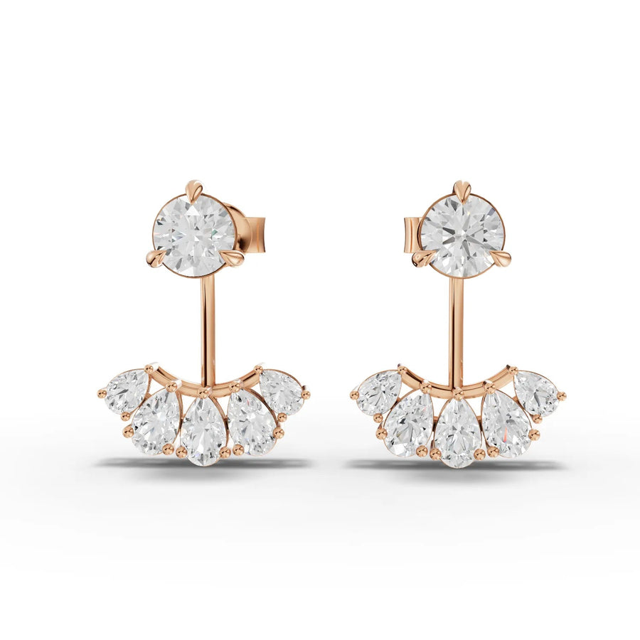 Lab grown diamond earrings feature a round brilliant top and pear-shaped fan jacket. Set in 18k gold.